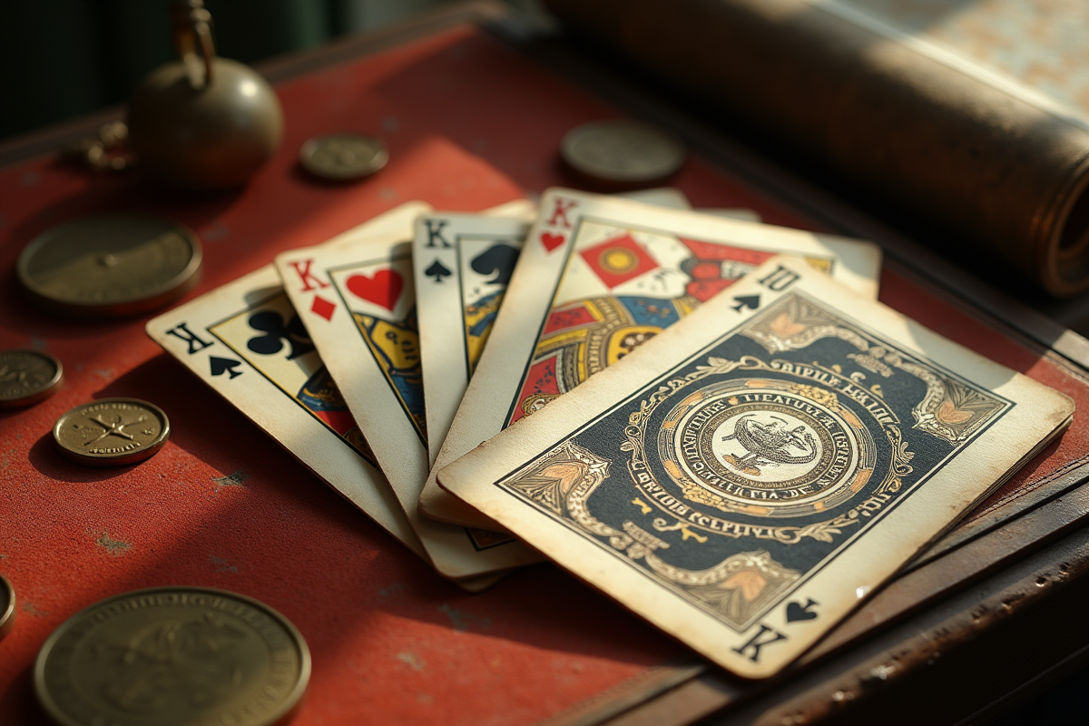 Paquet de cartes anciennes sur une table en feutre avec pièces vintage