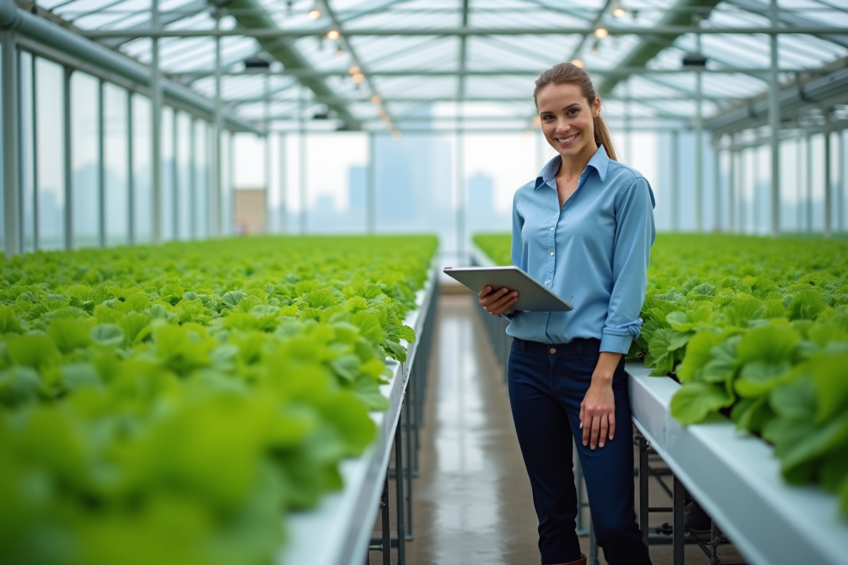 Jeune agronome femme dans une serre moderne avec tablette