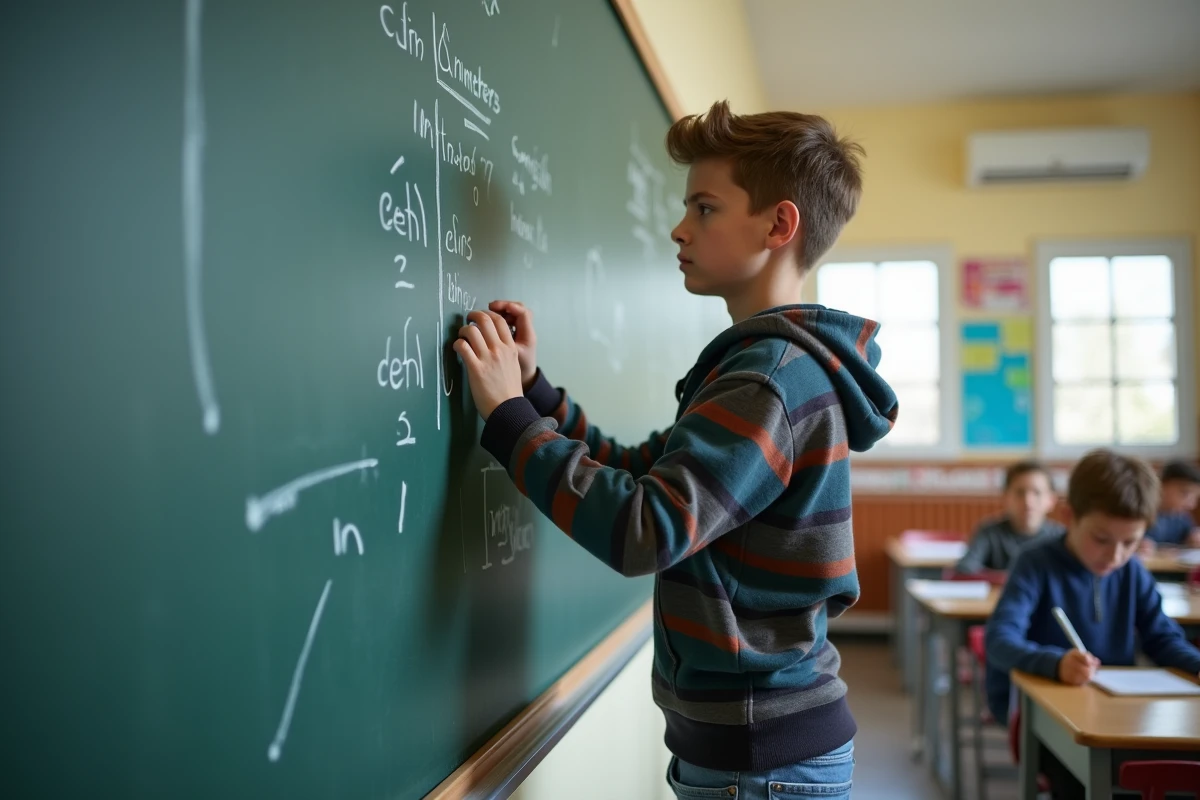 Jeune garçon dessinant une comparaison centimètres pouces