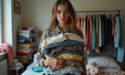 Jeune femme avec vêtements à étiquettes dans sa chambre urbaine
