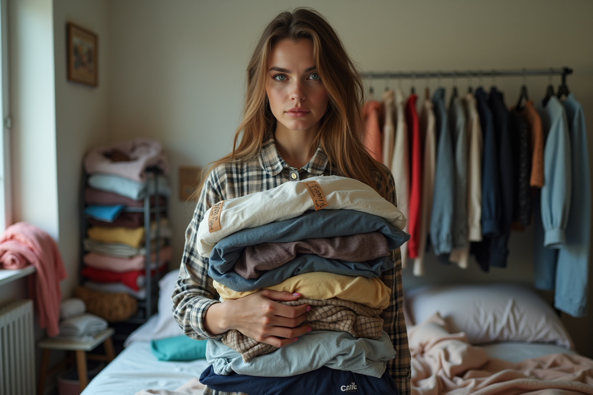 Jeune femme avec vêtements à étiquettes dans sa chambre urbaine