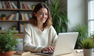 Jeune femme en bureau moderne utilisant un ordinateur tactile