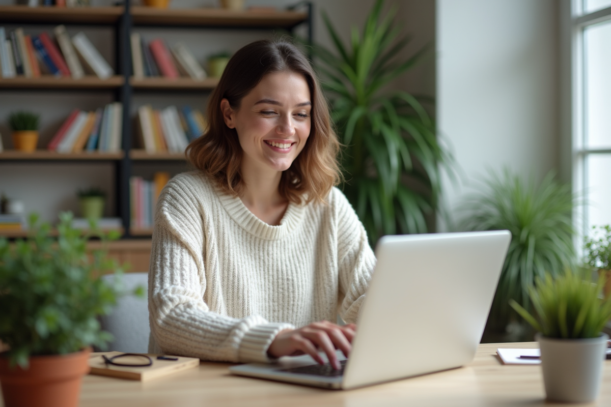 Jeune femme en bureau moderne utilisant un ordinateur tactile