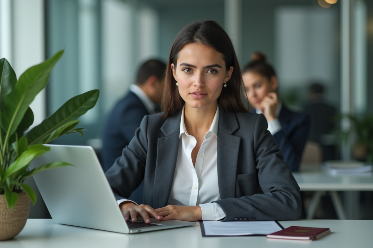Jeune femme en réunion avec un passeport sur son bureau moderne