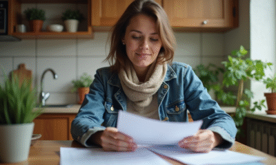 Jeune femme dans une cuisine urbaine examine des documents de location