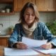 Jeune femme dans une cuisine urbaine examine des documents de location