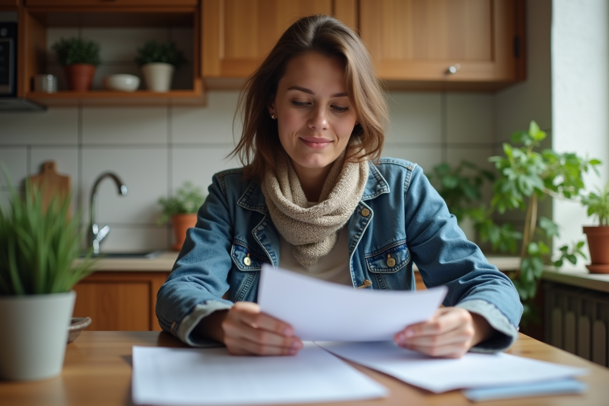 Jeune femme dans une cuisine urbaine examine des documents de location