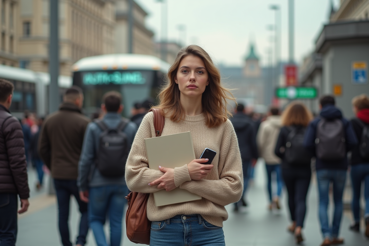 Jeune femme dans une station de bus urbaine