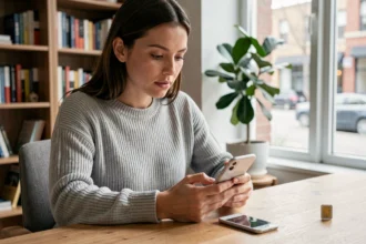Jeune femme consultant son numéro Lebara sur son smartphone après l'activation d'une nouvelle carte SIM