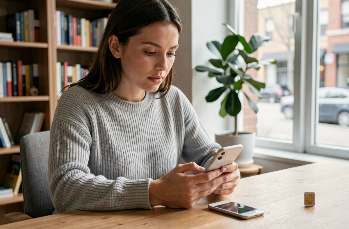 Jeune femme consultant son numéro Lebara sur son smartphone après l'activation d'une nouvelle carte SIM