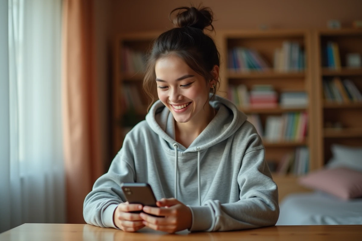 Jeune femme utilisant Snapchat sur son smartphone pour envoyer des messages et maintenir des flammes avec ses amis