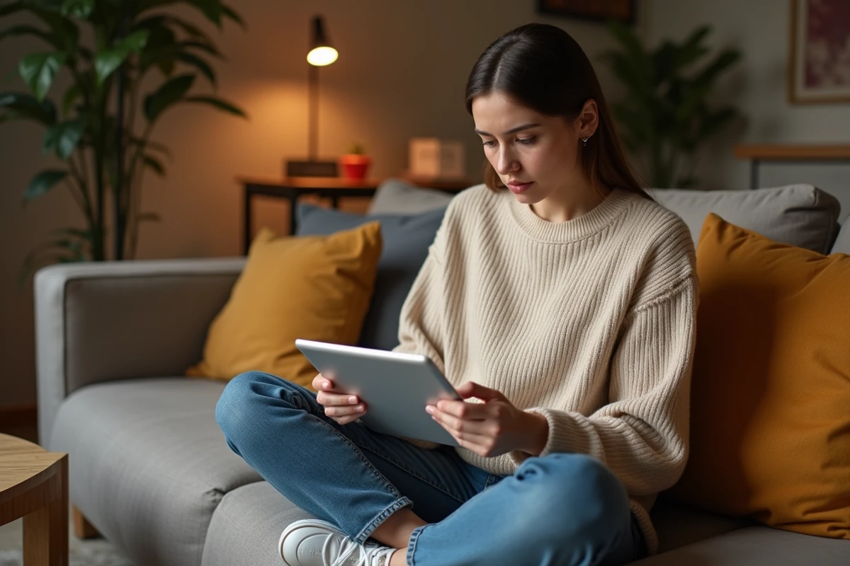 Jeune femme utilisant une tablette pour rechercher l'adresse officielle d'un site web
