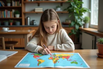 Jeune fille étudiant une carte du monde dans la cuisine