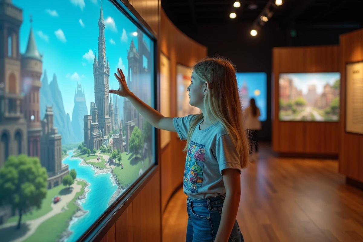 Jeune fille touchant un écran interactif dans l