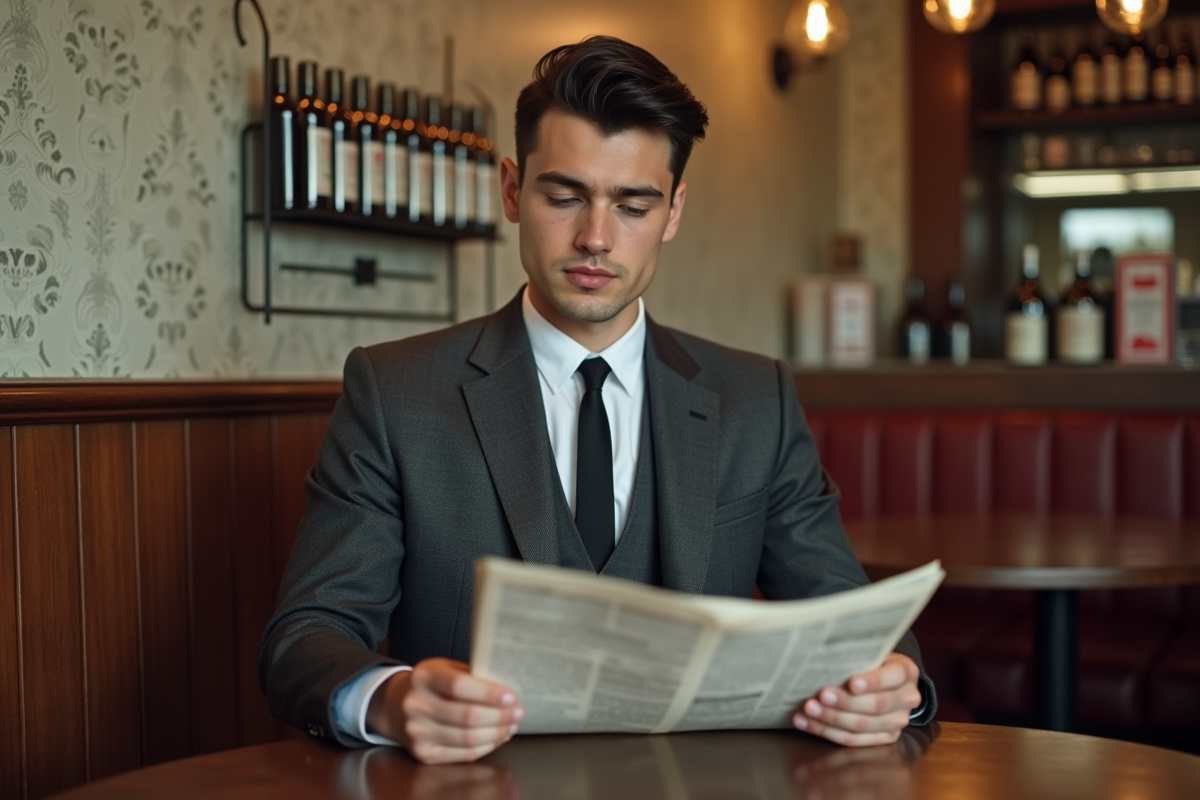 Jeune homme en costume dans un café vintage des années 50