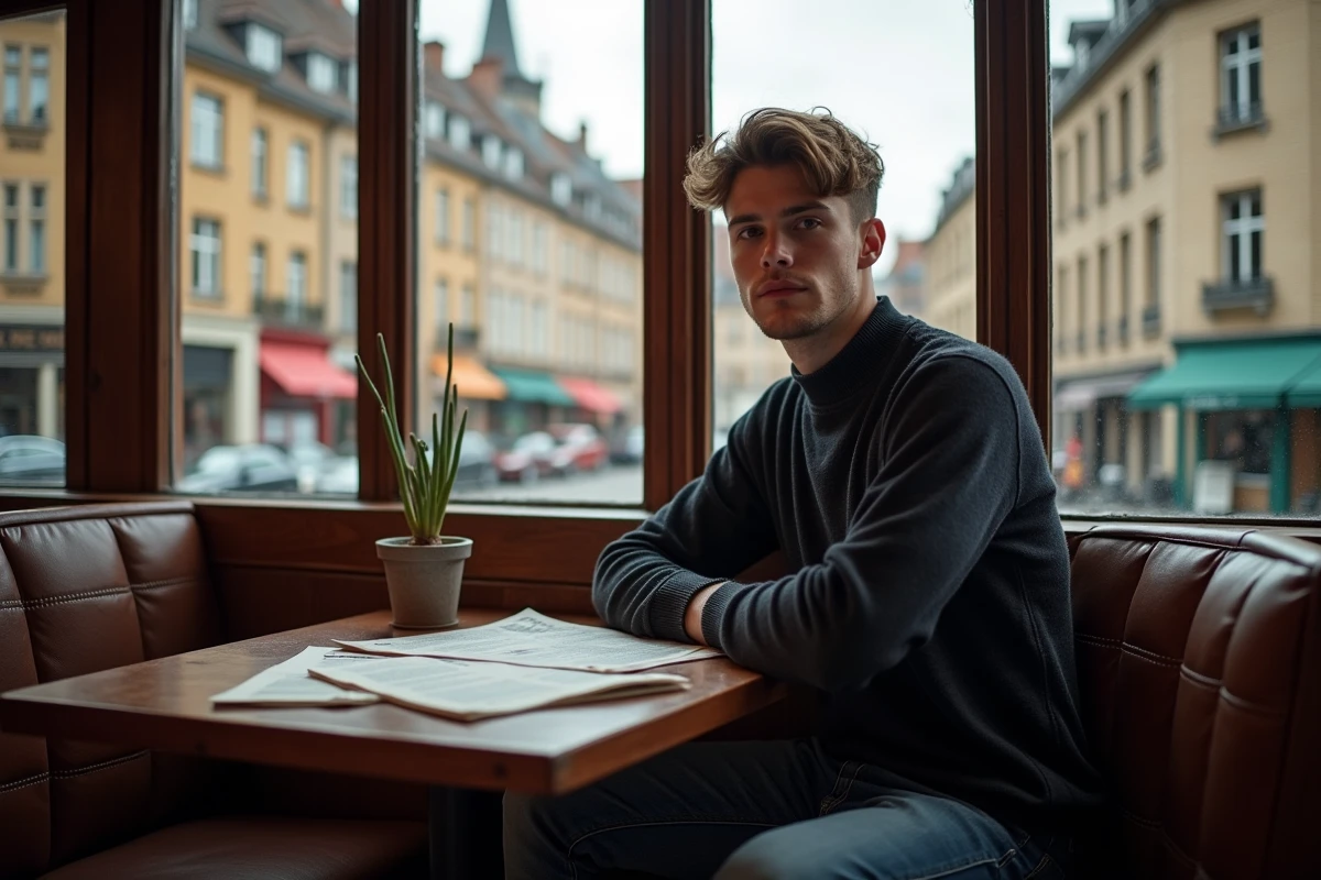 Jeune homme dans un café belge avec vue urbaine