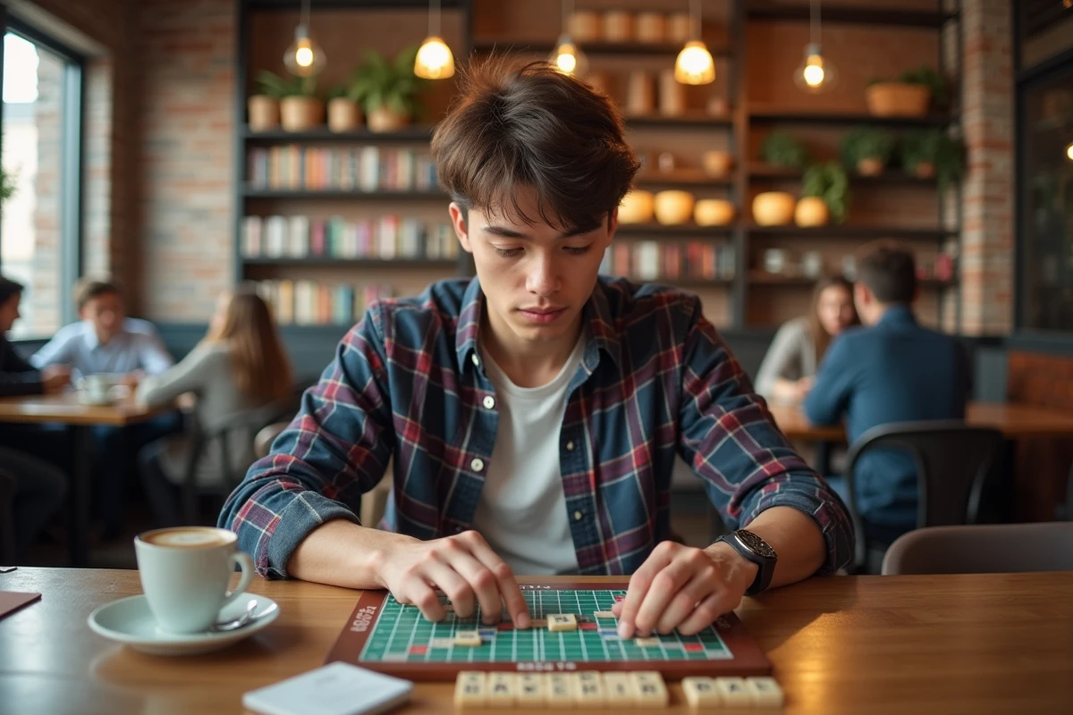 Jeune homme étudiant les tuiles de Scrabble au café