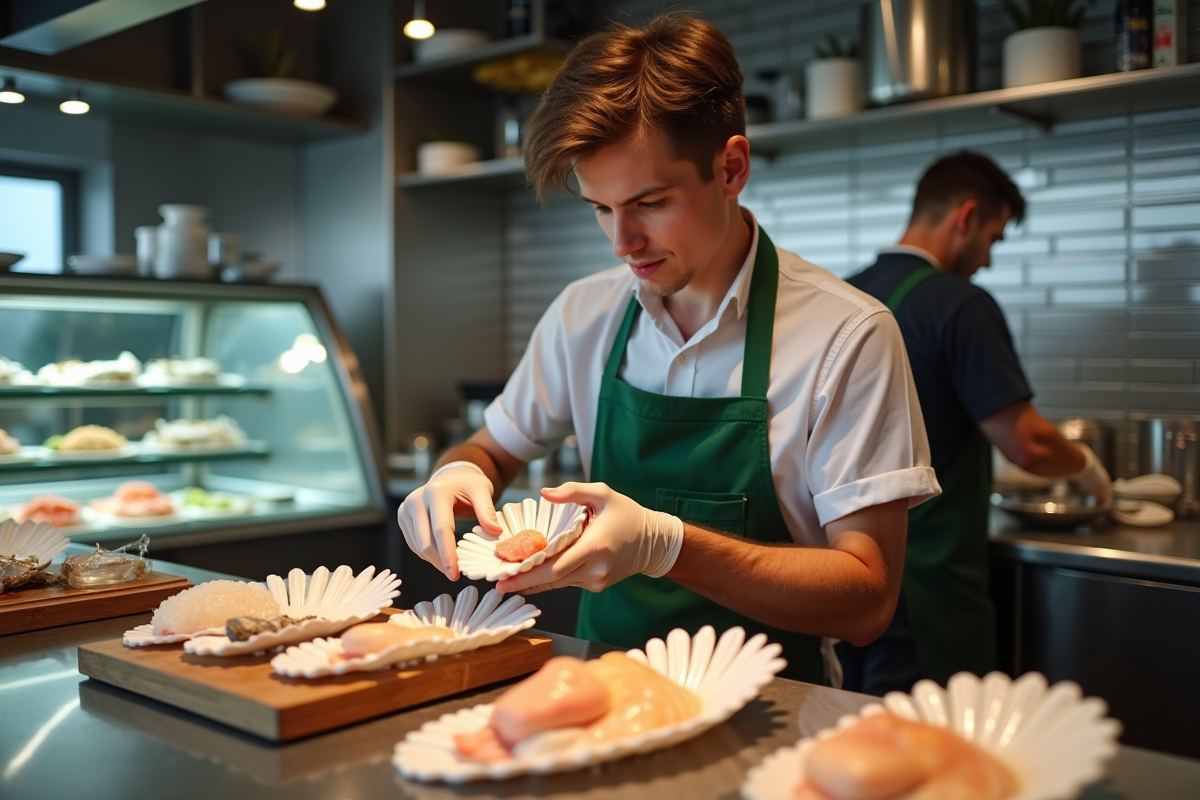 Jeune homme en tablier vert ouvrant une coquille de scallop en boutique