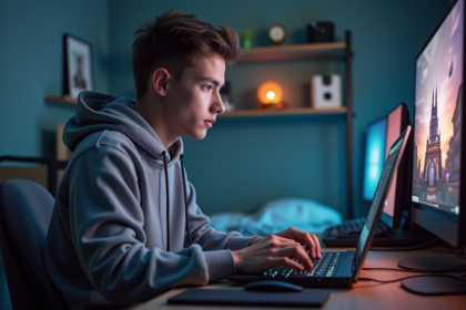 Jeune homme jouant sur un ordinateur portable dans sa chambre