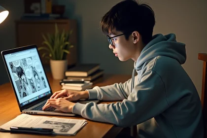 Jeune homme lisant manga sur ordinateur dans un bureau cosy