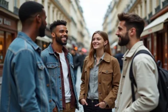 Groupe de jeunes adultes fashion dans une rue parisienne