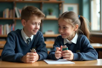 Adolescent garçon et fille en uniforme scolaire avec un briquet britannique