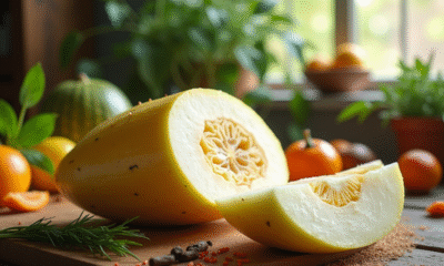 Jicama tranchée sur une table en bois rustique avec agrumes et herbes fraîches