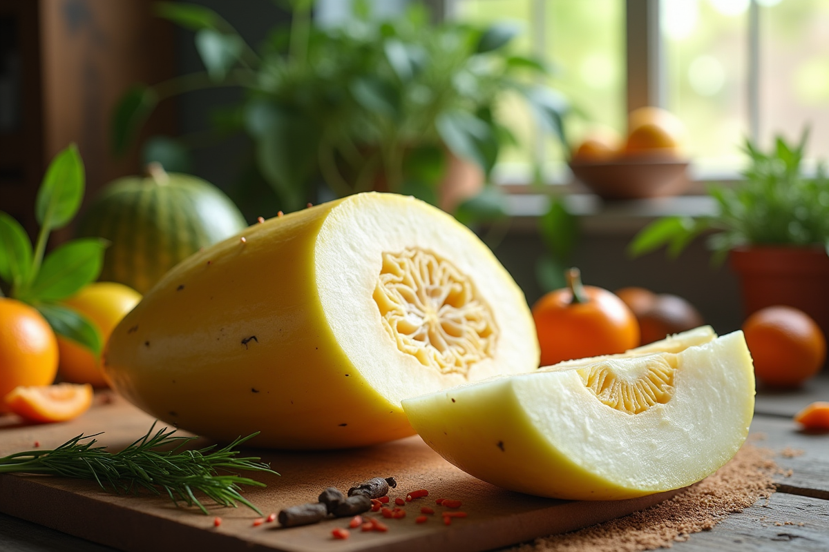 Jicama tranchée sur une table en bois rustique avec agrumes et herbes fraîches