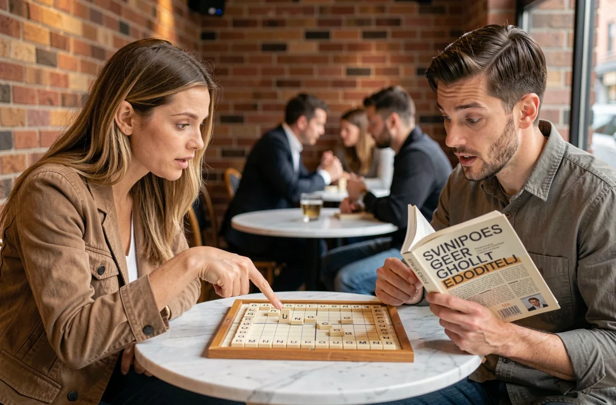 Deux joueurs de Scrabble en désaccord sur un mot accepté en consultant le guide officiel dans un café