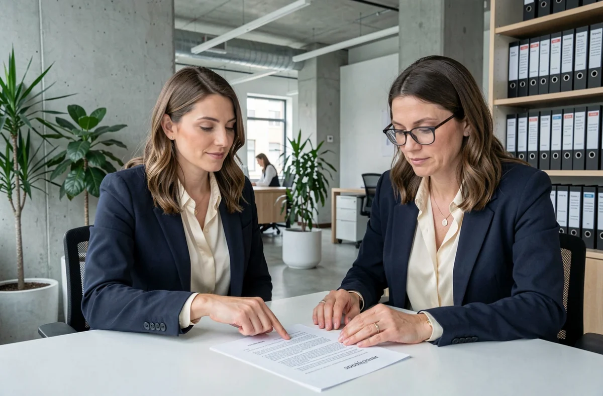 Deux juristes en cabinet moderne analysant les clauses d'un contrat, illustrant l'articulation entre l'article 1112-1 du Code civil et le devoir de loyauté dans les négociations précontractuelles