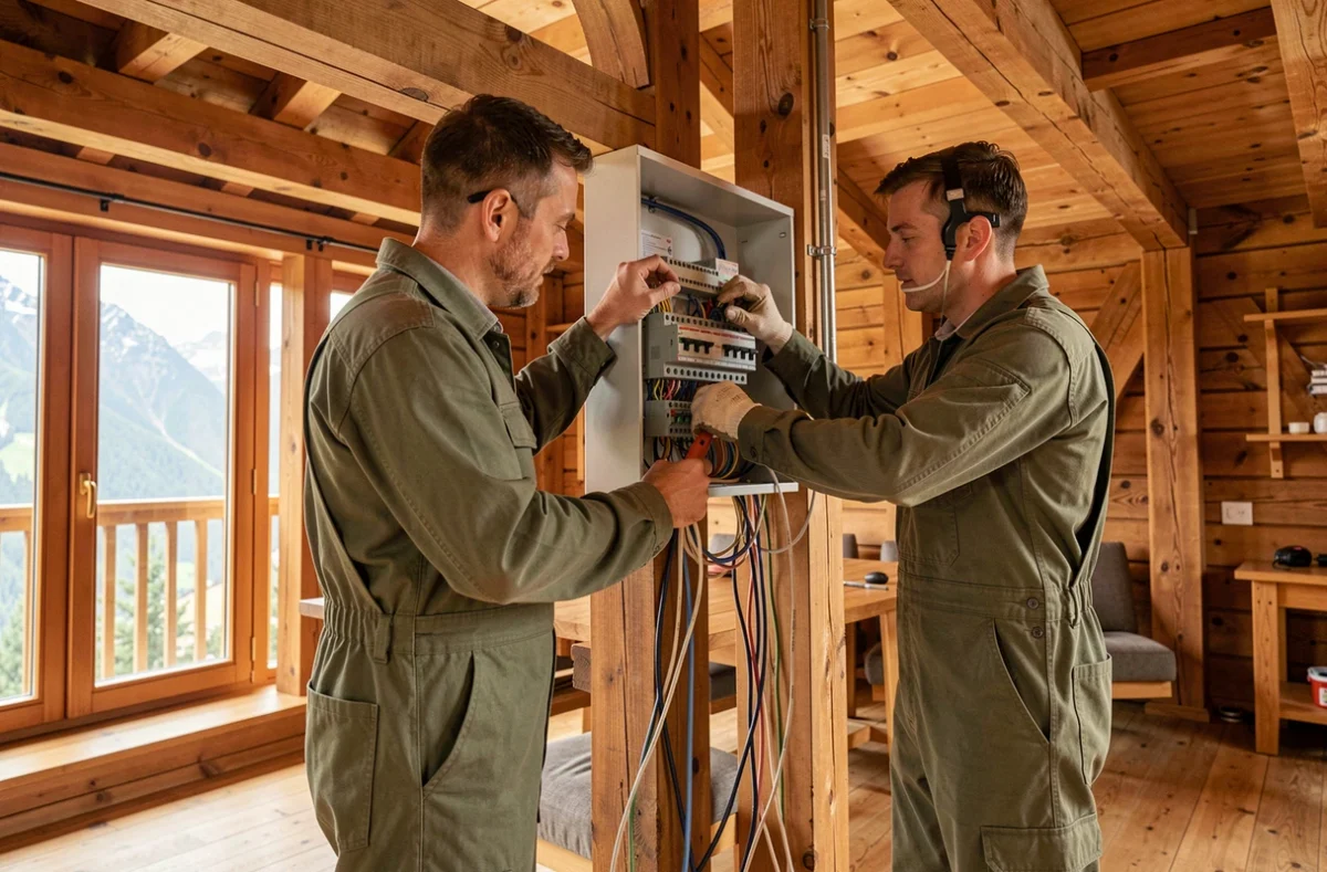 Deux électriciens Labeys Freres installant un tableau de distribution dans un chalet en bois dans les Vosges