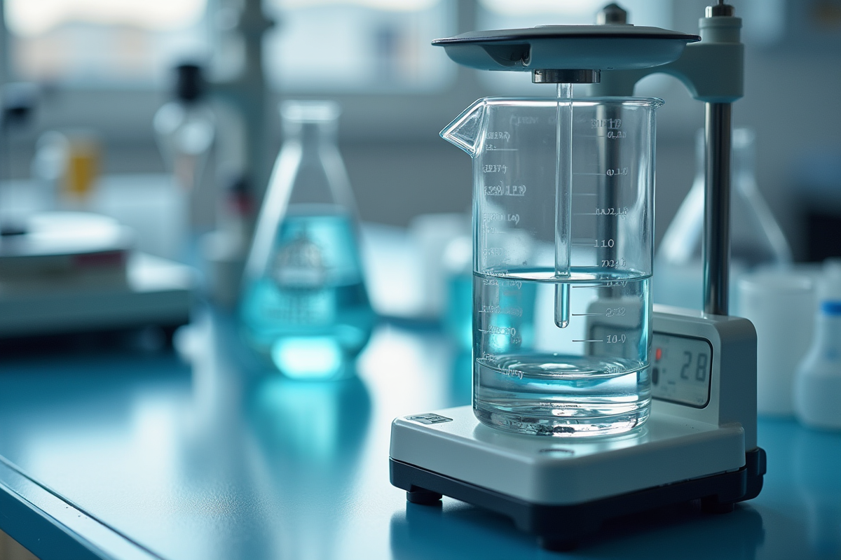 Laboratoire avec becher et balance analytique précise