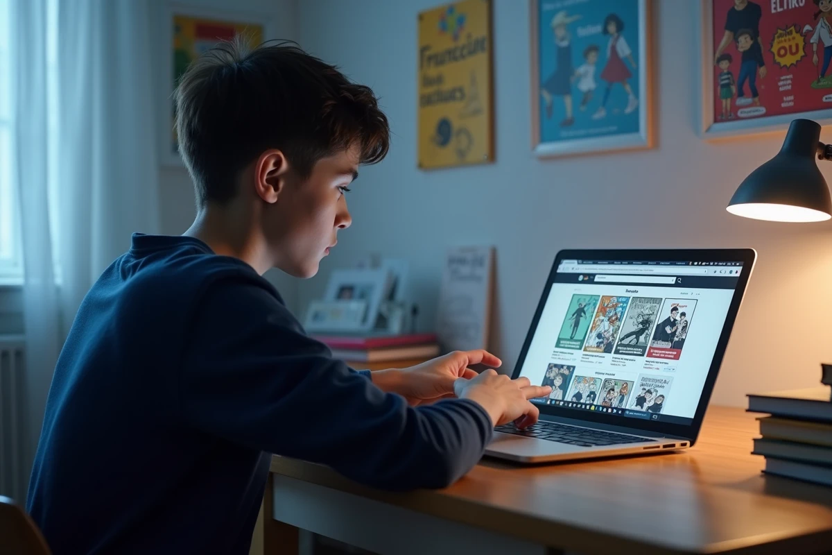 Adolescent lisant des mangas en ligne sur un site de lecture en français depuis son ordinateur portable dans sa chambre d'étudiant
