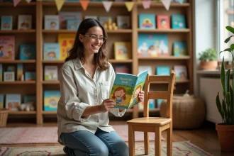 Libraire tenant le livre Caca Boudin dans une librairie jeunesse colorée et chaleureuse