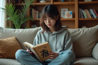 Jeune femme lisant un manga japonais sur un canapé, entourée d'une bibliothèque remplie de mangas en français et japonais