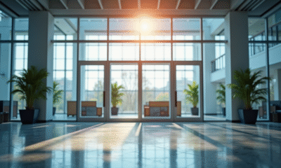 Hall moderne d un immeuble commercial avec signalisation ERP
