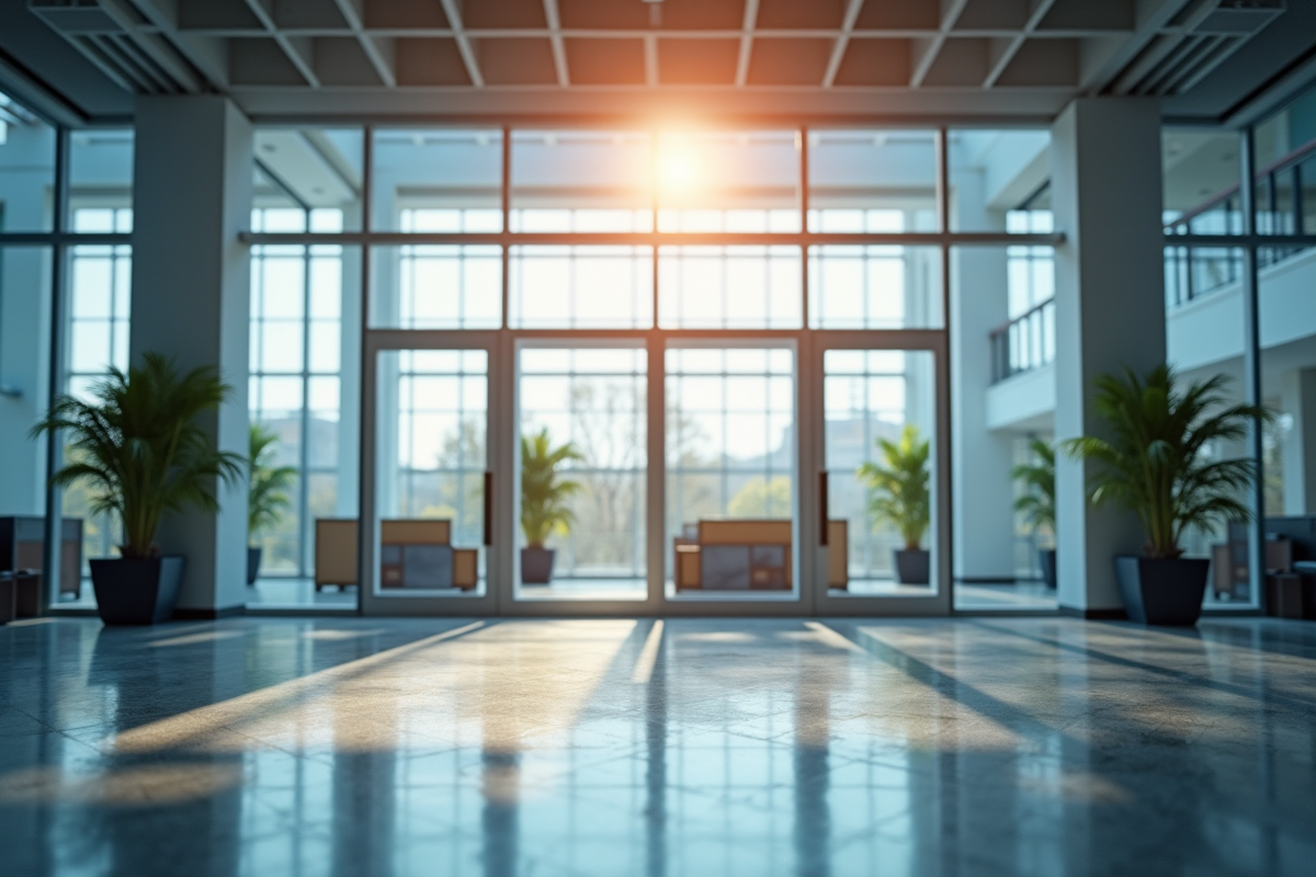 Hall moderne d un immeuble commercial avec signalisation ERP