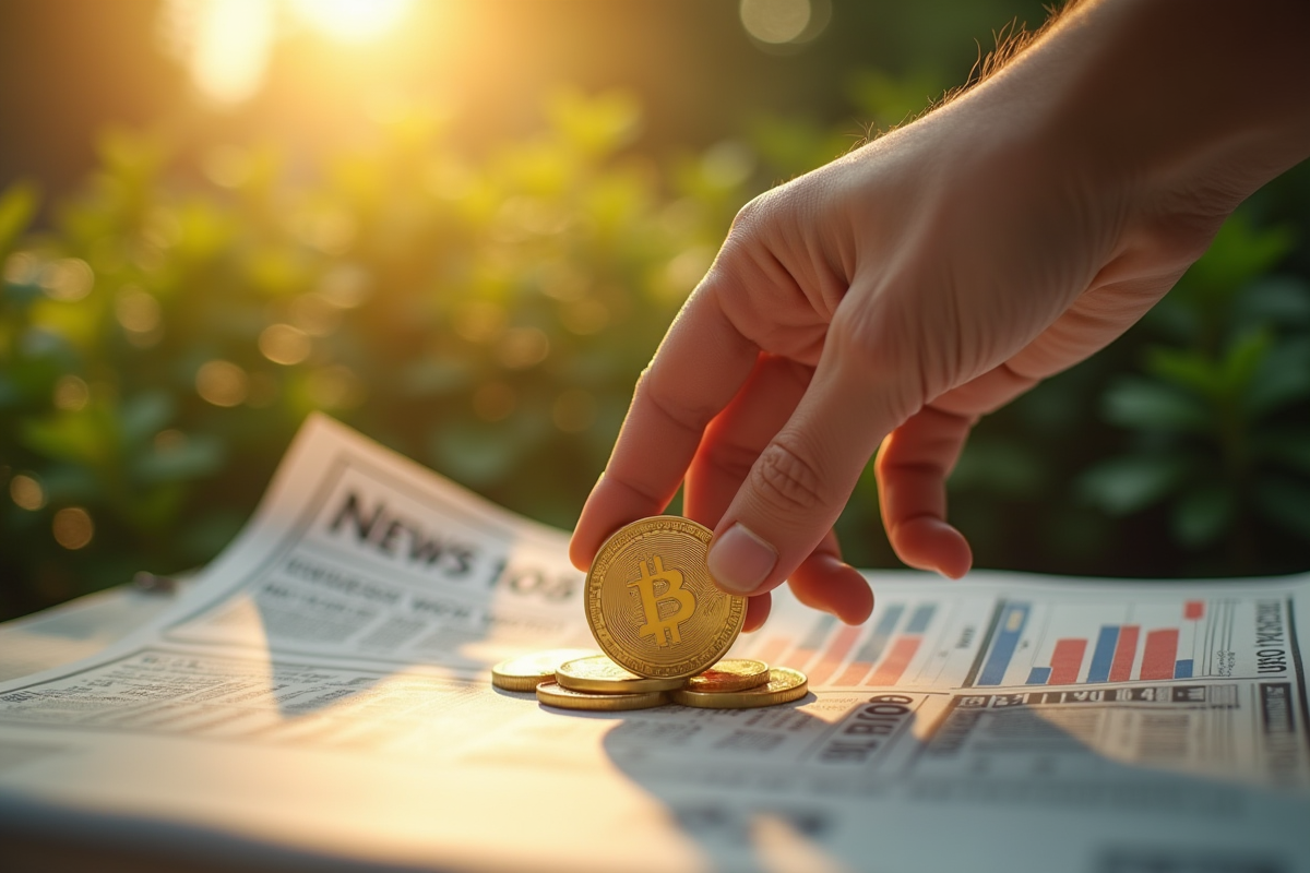 Main tenant une pièce d or brillante sur un journal financier