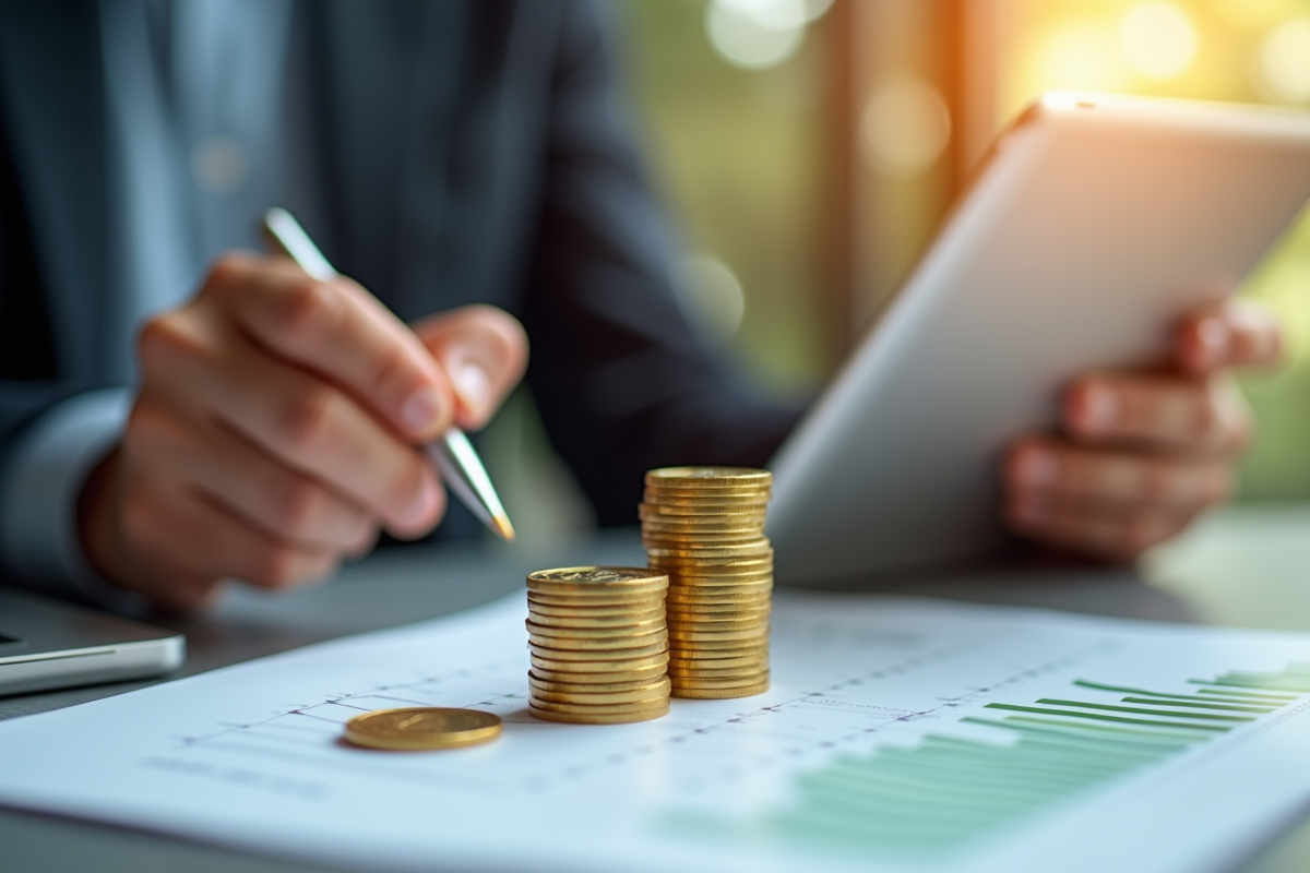 Mains empilant des pièces d or devant des documents financiers et une tablette