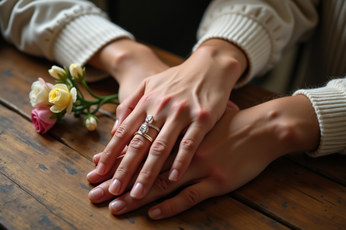 Mains entrelacees avec bagues de mariage sur une table en bois