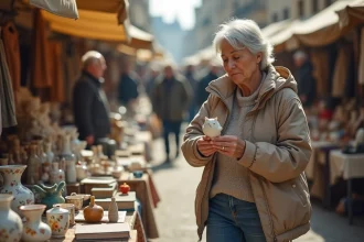 Femme examinant des objets vintage sur un marché aux puces en plein air dans le Nord de la France lors d'une braderie