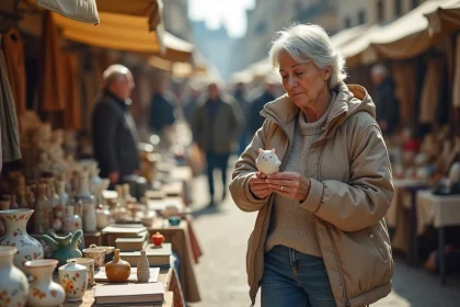 Femme examinant des objets vintage sur un marché aux puces en plein air dans le Nord de la France lors d'une braderie