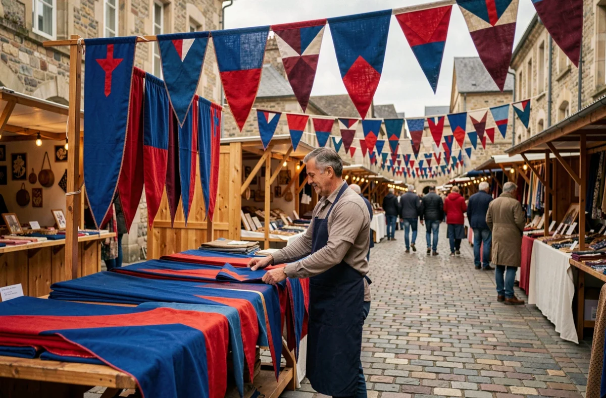 Vendeur présentant des drapeaux et fanions bleus et rouges artisanaux sur un marché extérieur