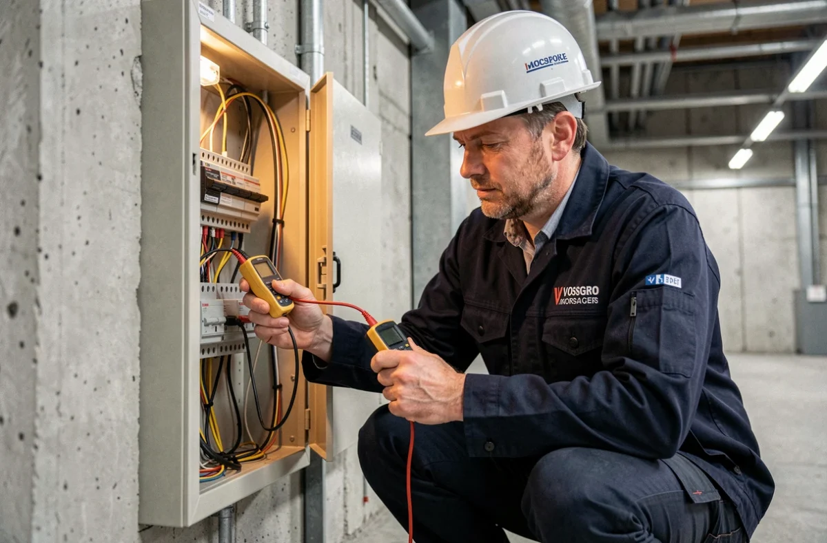 Technicien de Marquis SA Ets inspectant un tableau électrique dans un bâtiment commercial des Vosges