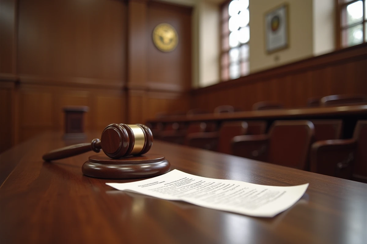 Marteau de juge posé sur un bureau en bois dans une salle d'audience pour une affaire de vol de faible valeur