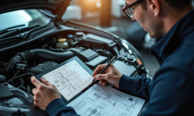 Passionne de voitures examine moteur avec tablette