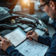 Passionne de voitures examine moteur avec tablette
