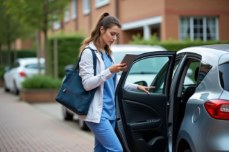 Femme medecin en uniforme ferme la porte d'une voiture dans un quartier résidentiel