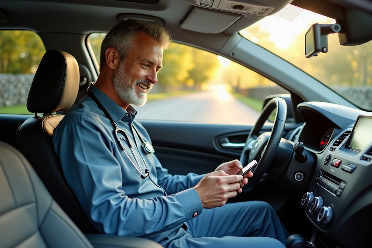 Medecin homme en voiture station wagon dans un paysage rural ensoleille