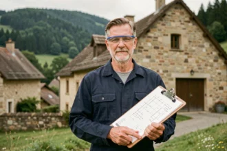 Électricien professionnel devant une maison dans les Vosges, représentant les meilleurs électriciens de la région